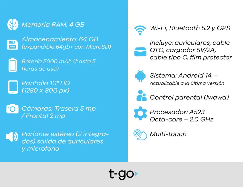Tablet T-GO 10" Android 14 Case Metal + Accesorios (64GB / 4GB RAM) | OUTLET