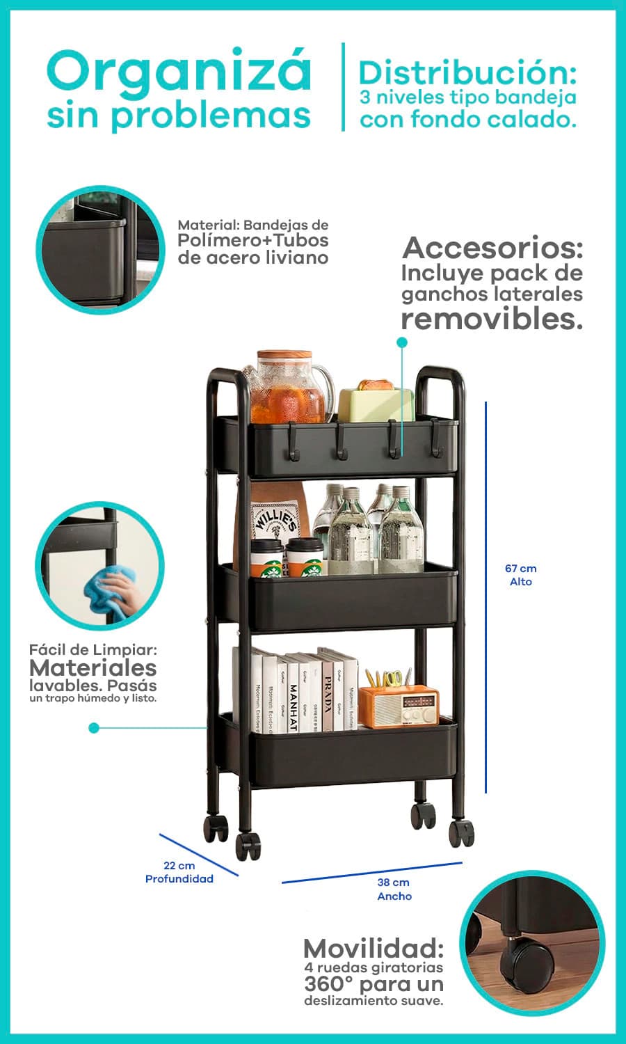 Carrito Organizador Multiuso 3 Niveles | Línea Simple Home Seúl