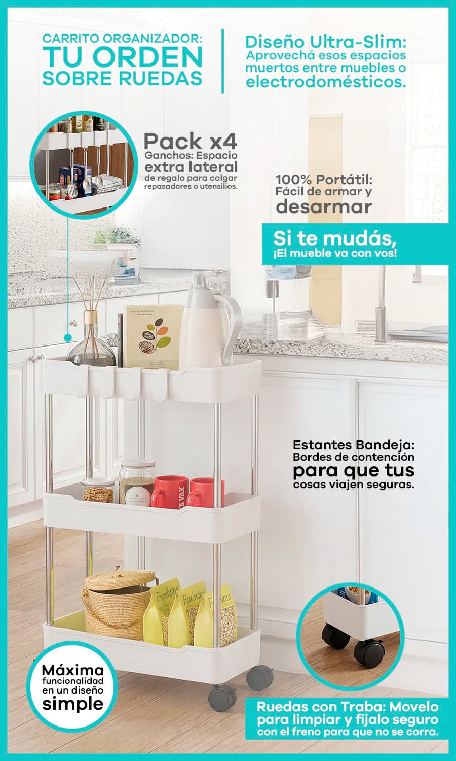 Carrito Organizador Ultra-Slim 3 Niveles | Línea Seúl Simple Home