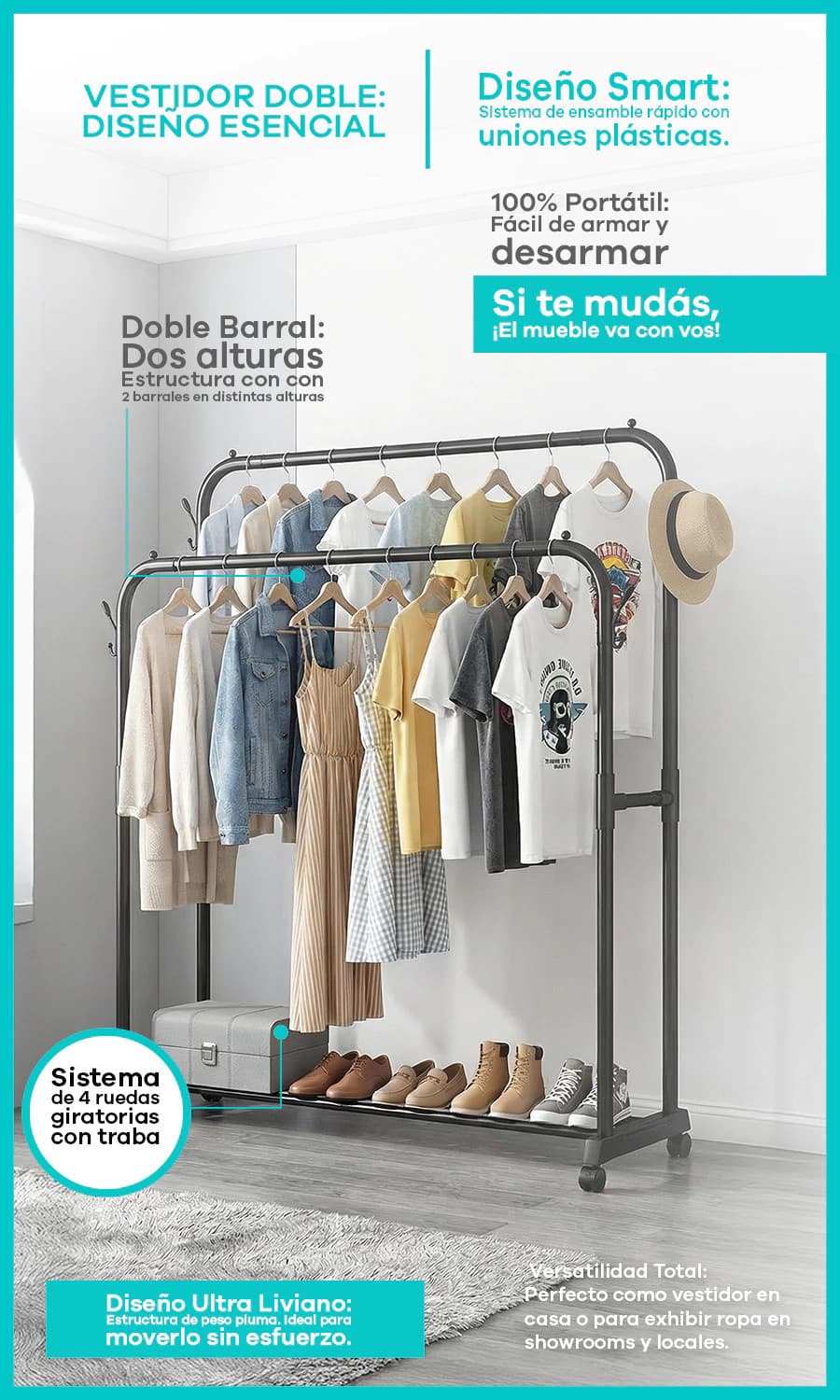 Perchero Vestidor Móvil Doble Barral | Simple Home