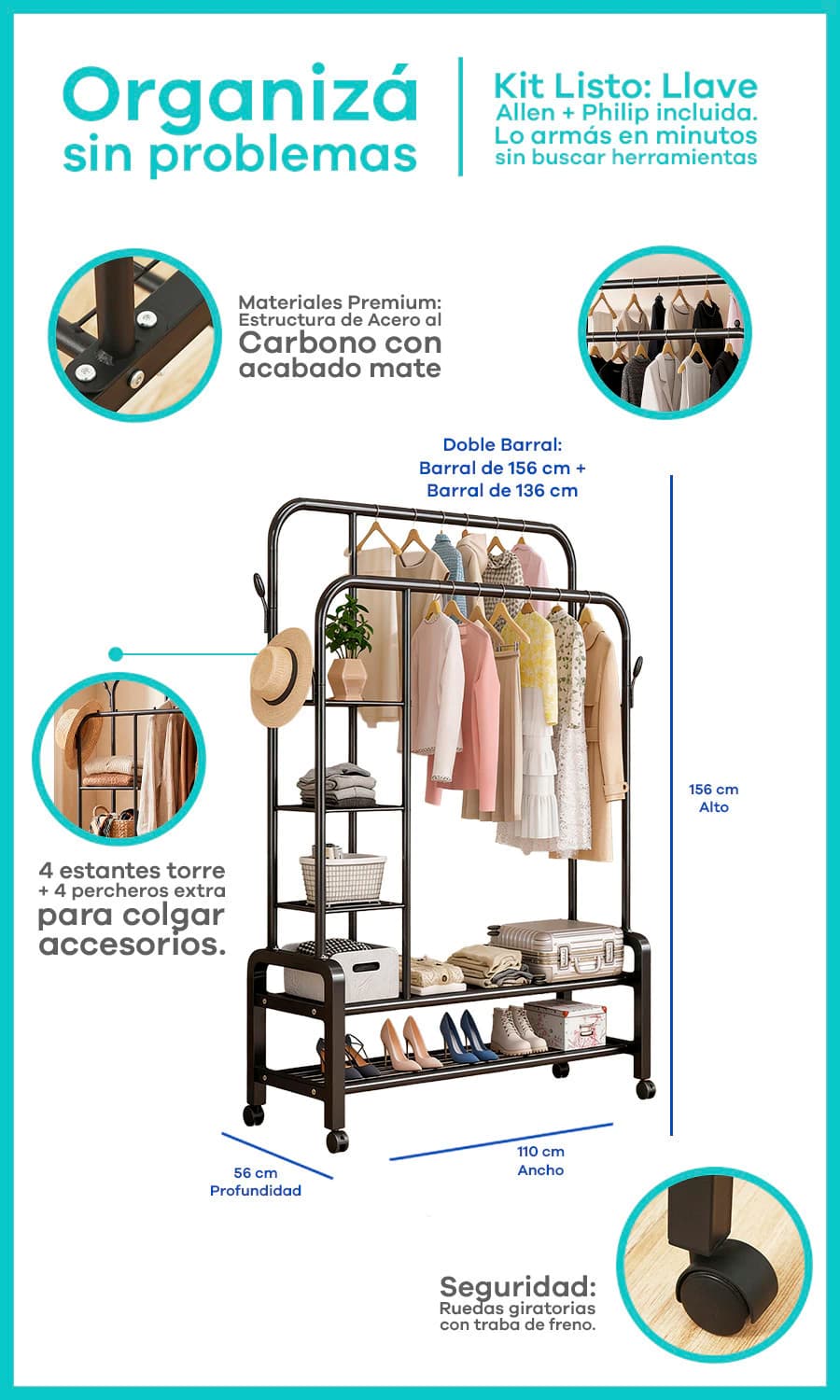 Perchero vestidor doble barral con ruedas Simple Home Tokio, acero estilo industrial