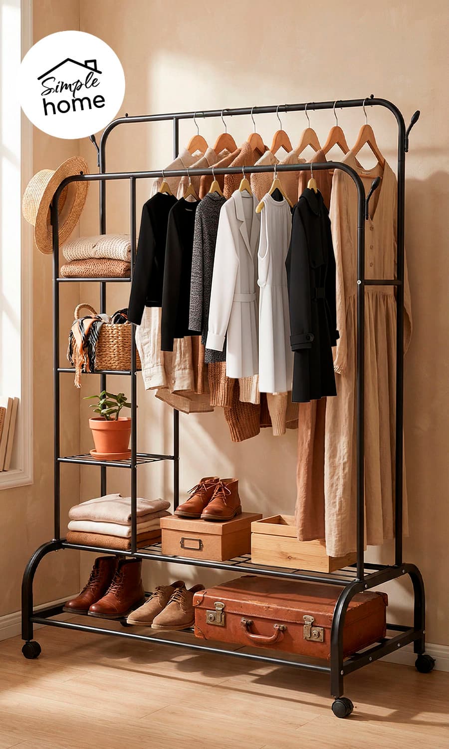 Perchero vestidor doble barral con ruedas Simple Home Tokio, acero estilo industrial