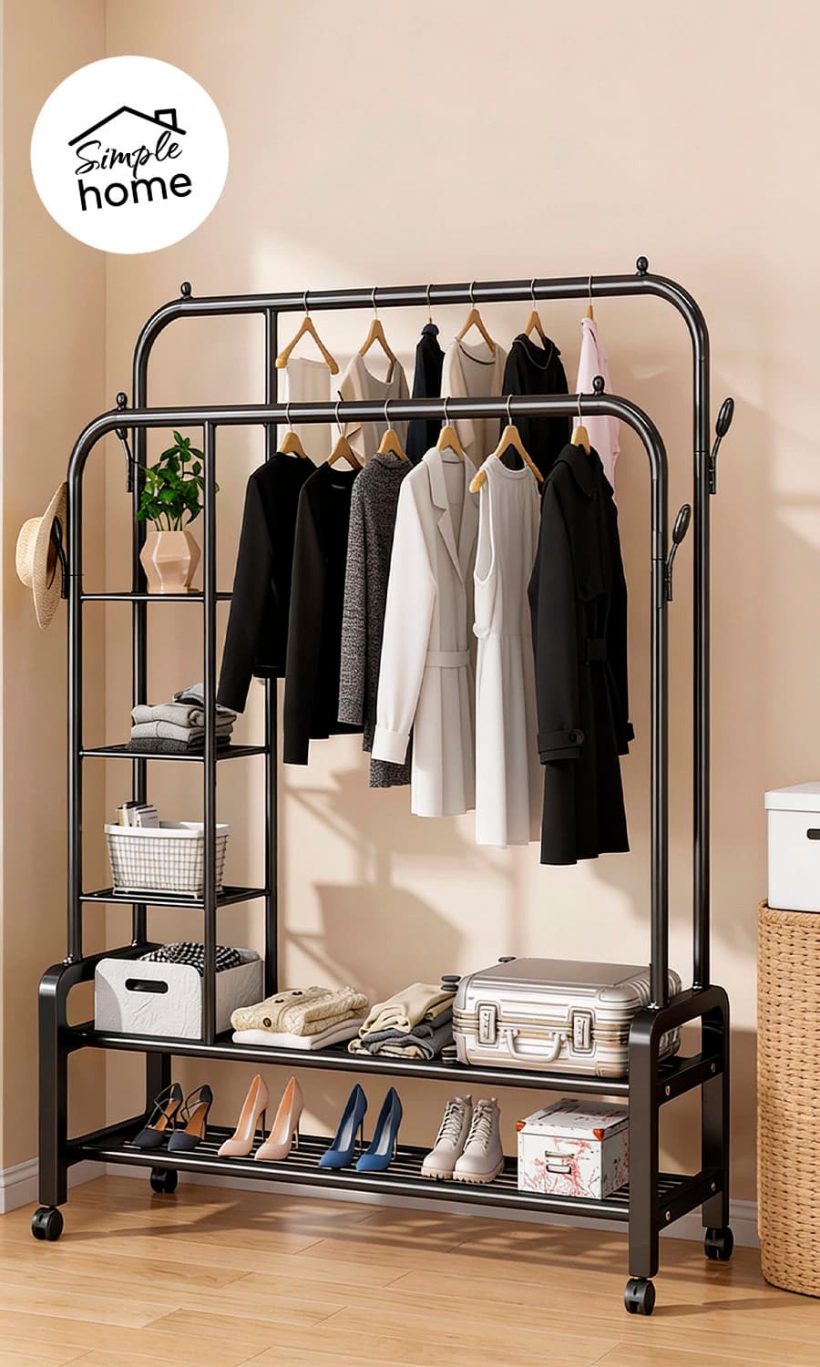 Perchero vestidor doble barral con ruedas Simple Home Tokio, acero estilo industrial