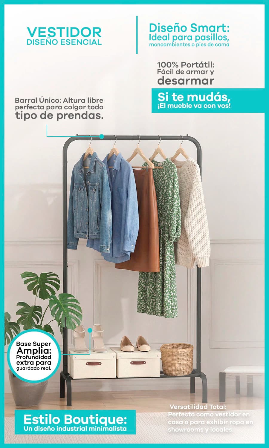 Perchero Vestidor de Pie | Barral Único & Base Ancha | Línea Simple Home