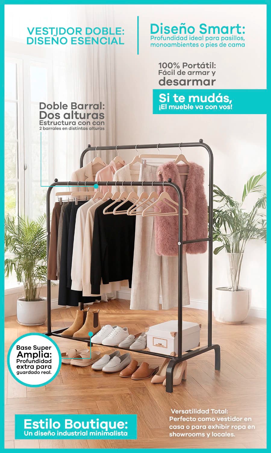 Perchero Vestidor de Pie Doble Barral | Línea Simple Home Tokio