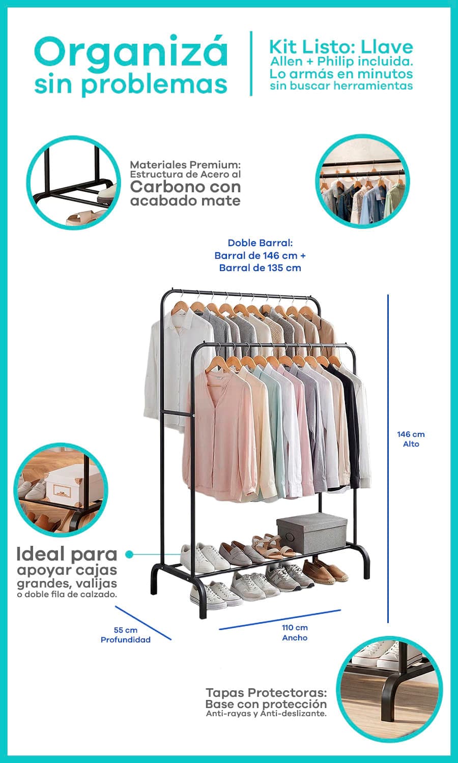 Perchero Vestidor de Pie Doble Barral | Línea Simple Home Tokio