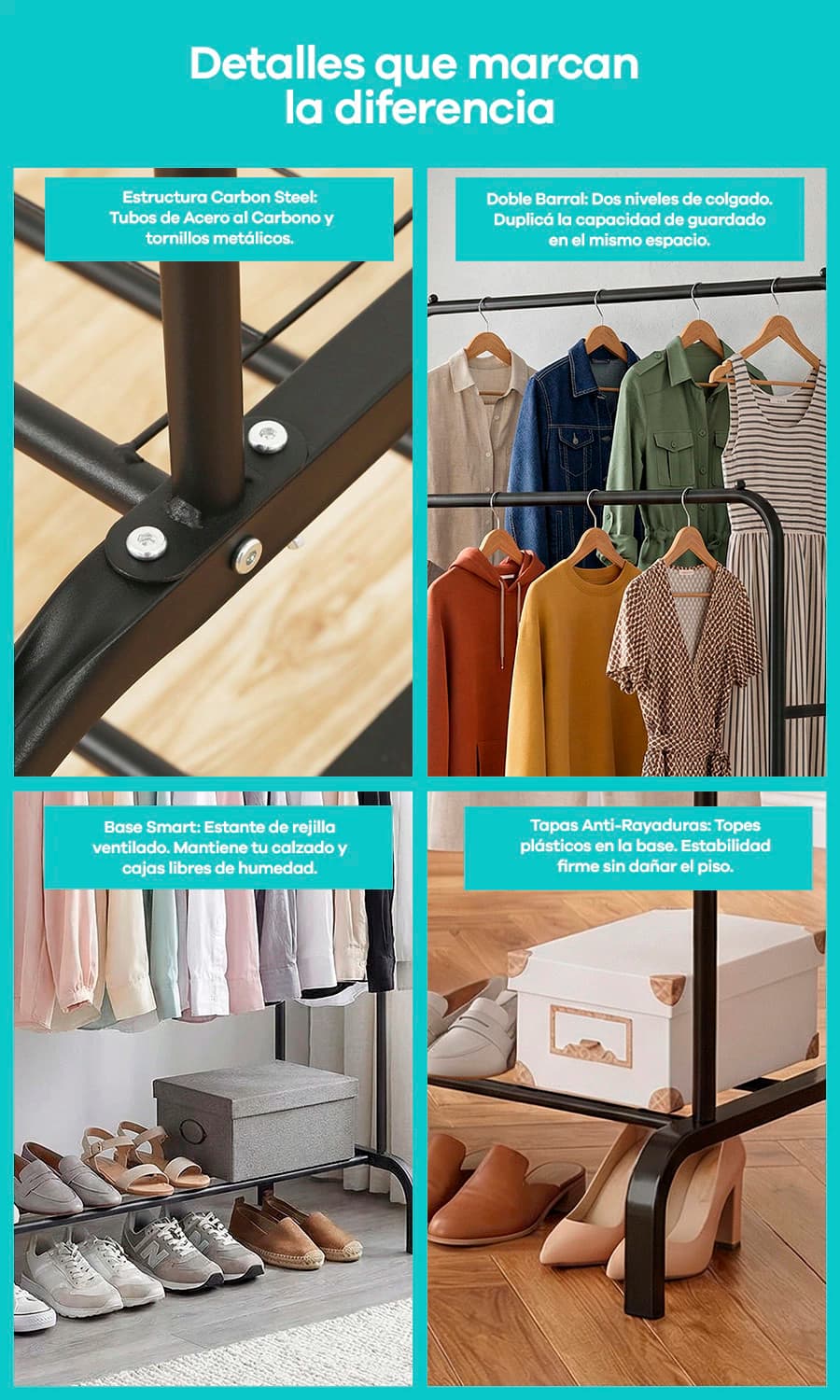 Perchero Vestidor de Pie Doble Barral | Línea Simple Home Tokio