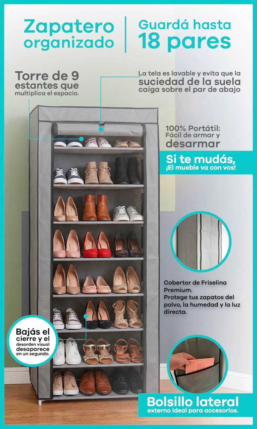 Zapatero Vertical Con Funda 9 Estantes | Simple Home