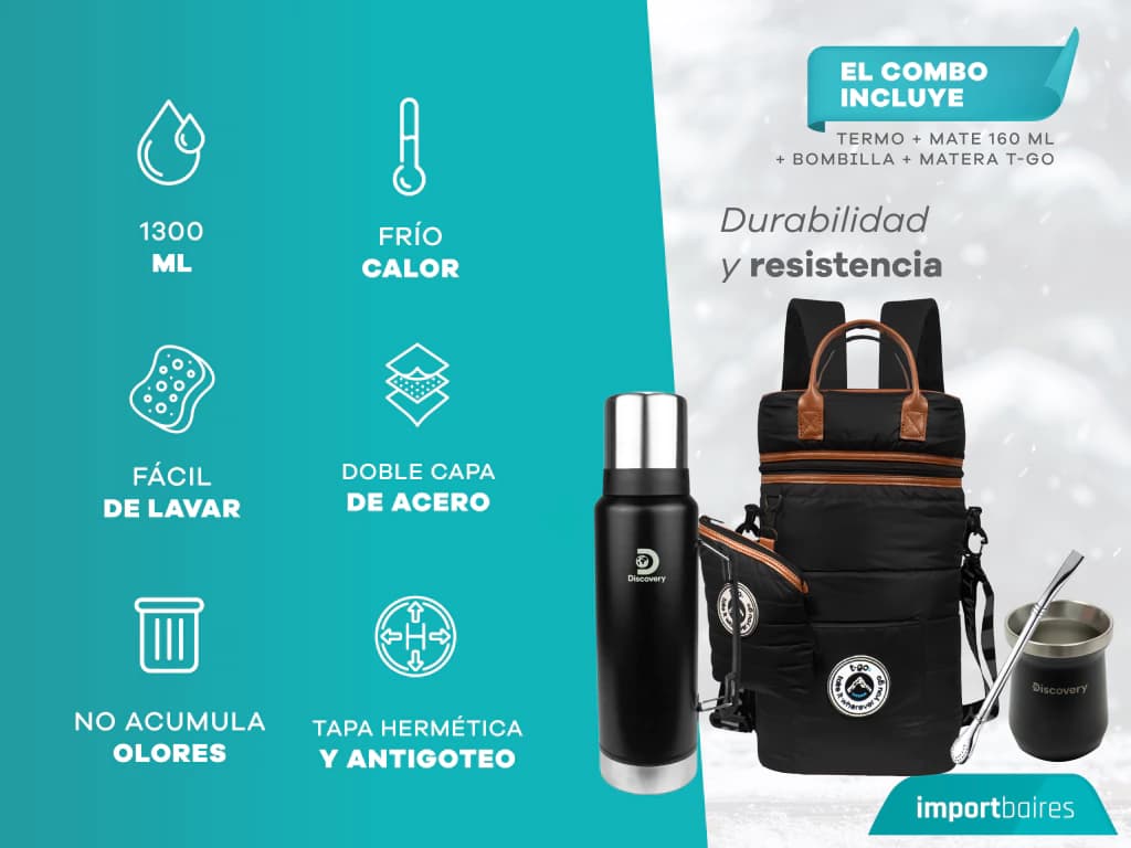Kit Matero Termo 1.3 Lts + Mate + Bombilla + Mochila Matera Morral | T-Go
