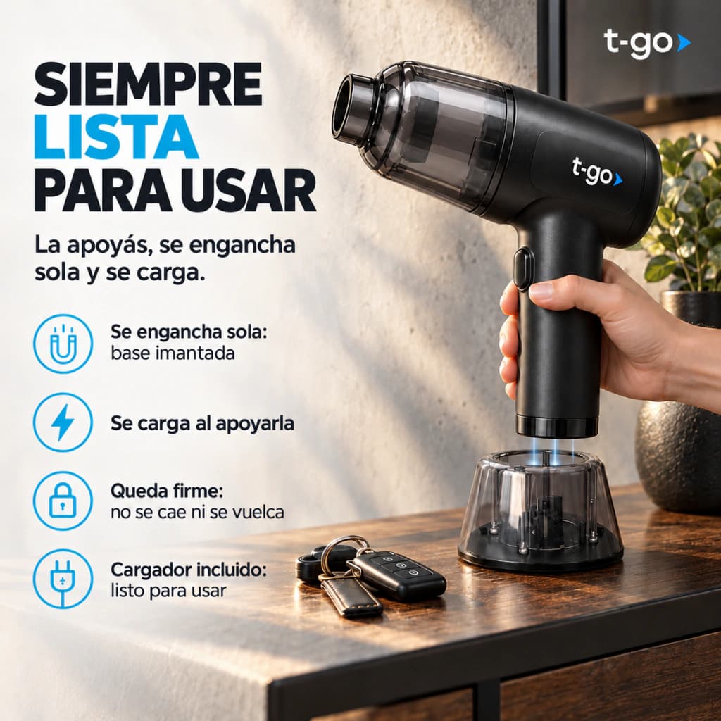 Aspiradora De Mano Inalámbrica T-GO 5 en 1 Sopladora Inflador Base Imantada