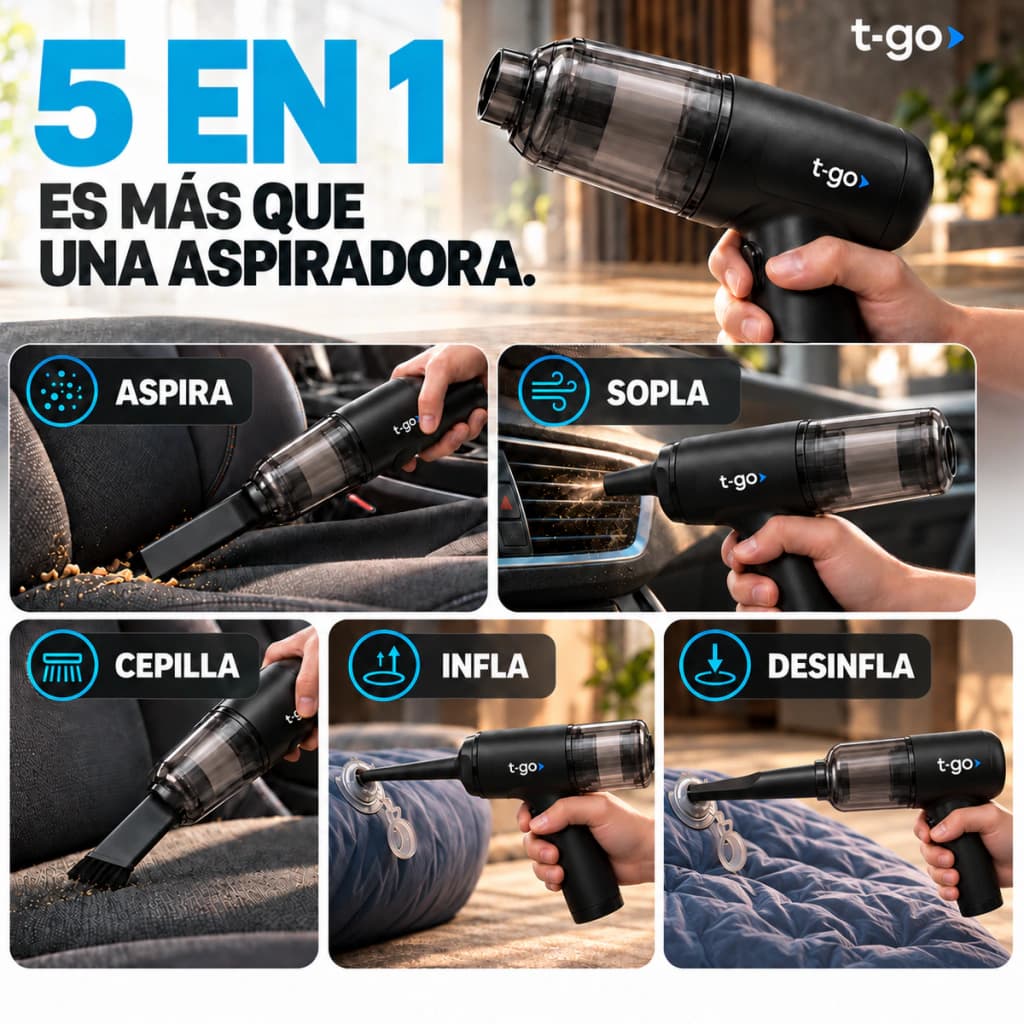 Aspiradora De Mano Inalámbrica T-GO 5 en 1 Sopladora Inflador Base Imantada