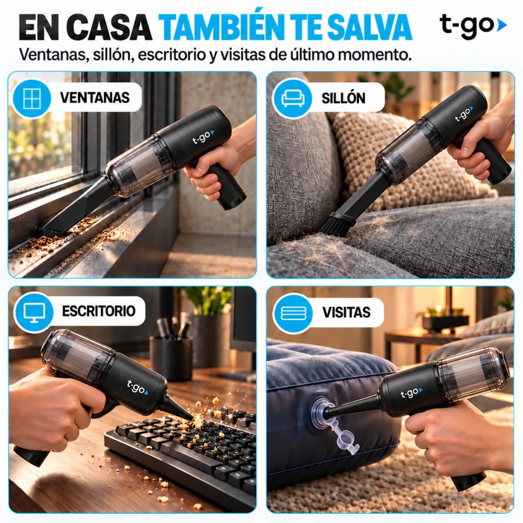 Aspiradora De Mano Inalámbrica T-GO 5 en 1 Sopladora Inflador Base Imantada