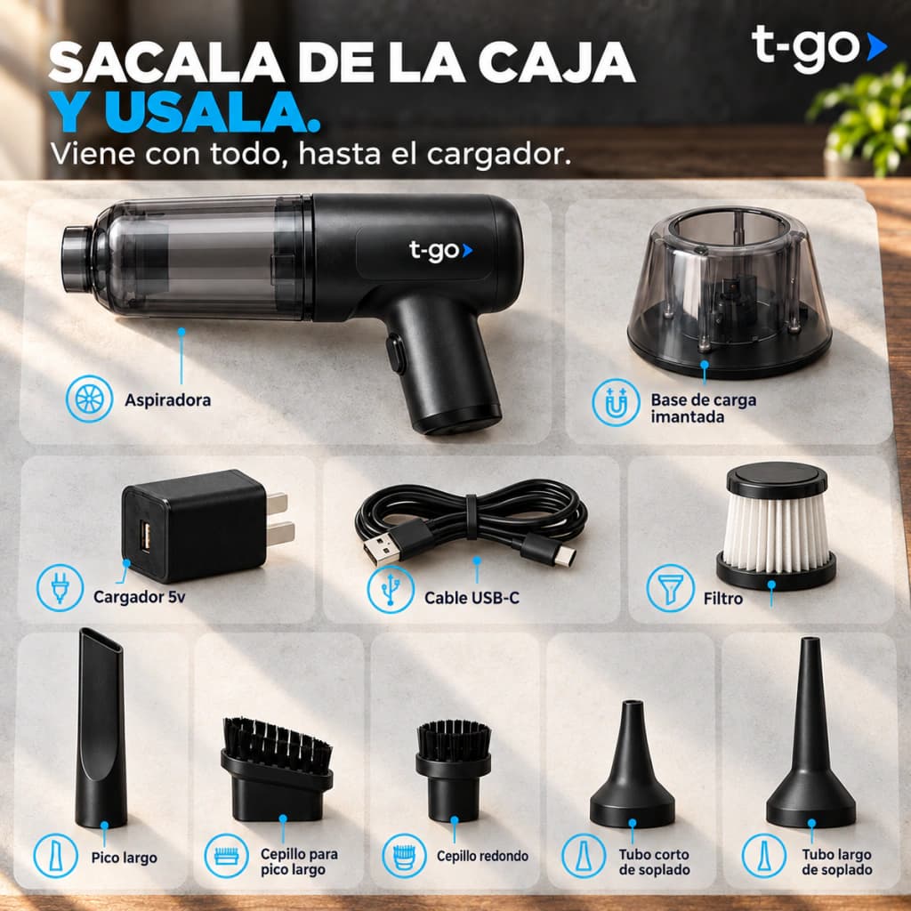 Aspiradora De Mano Inalámbrica T-GO 5 en 1 Sopladora Inflador Base Imantada