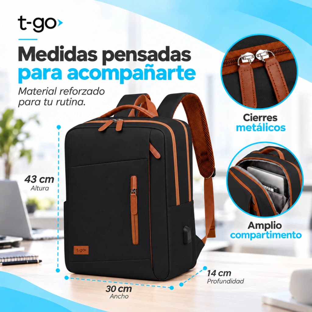 Mochila Ejecutiva EB105 | Porta Notebook 15.6'' | Puerto USB | T-GO — Negro