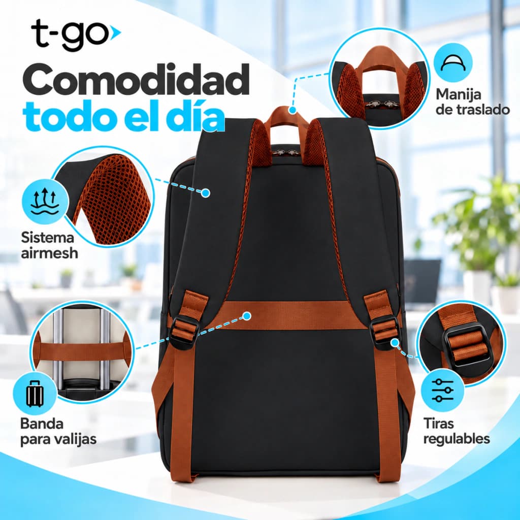 Mochila Ejecutiva EB105 | Porta Notebook 15.6'' | Puerto USB | T-GO — Negro
