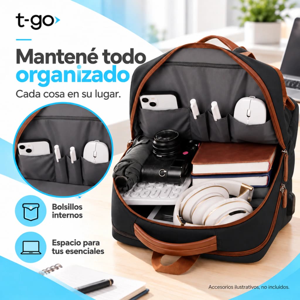 Mochila Ejecutiva EB105 | Porta Notebook 15.6'' | Puerto USB | T-GO — Negro