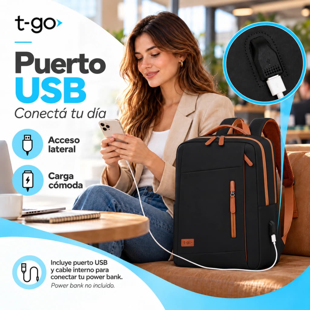 Mochila Ejecutiva EB105 | Porta Notebook 15.6'' | Puerto USB | T-GO — Negro