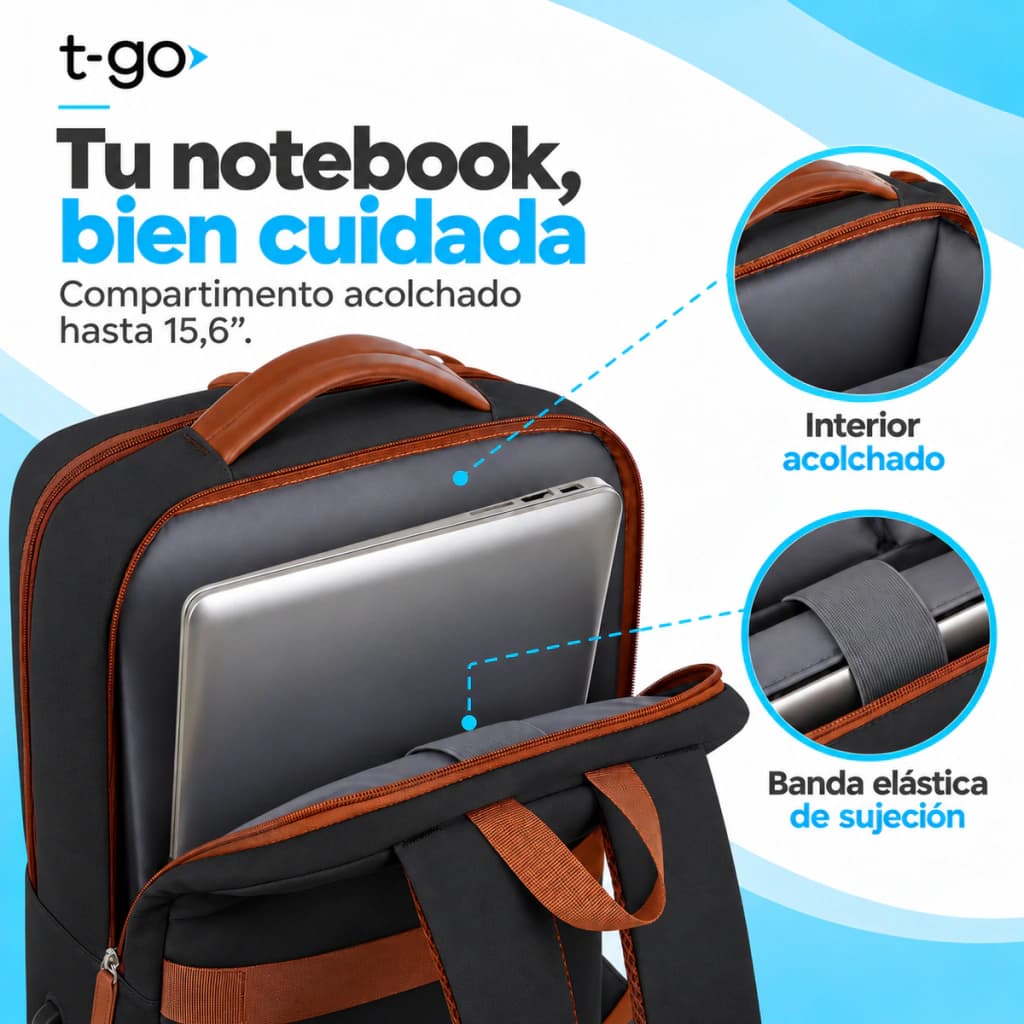 Mochila Ejecutiva EB105 | Porta Notebook 15.6'' | Puerto USB | T-GO — Negro