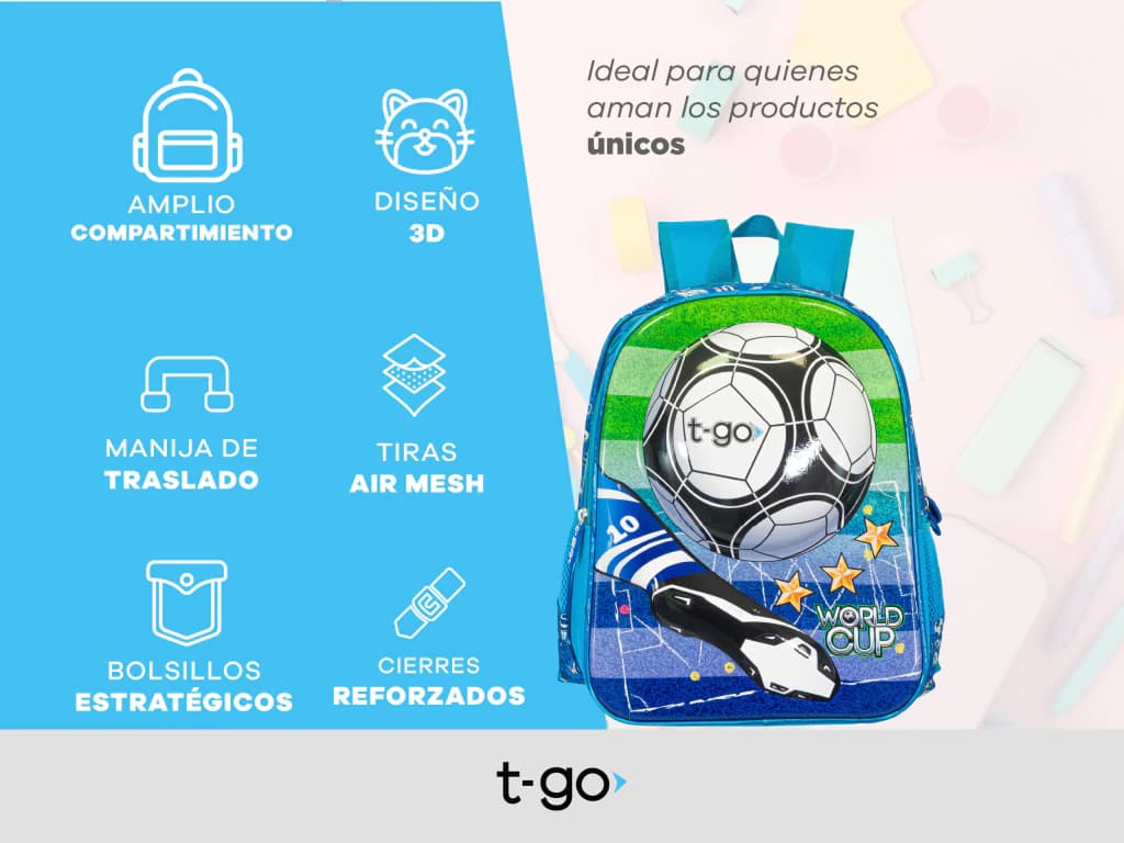 Mochila Escolar Espalda 16" Fútbol Pelota 3D | T-Go