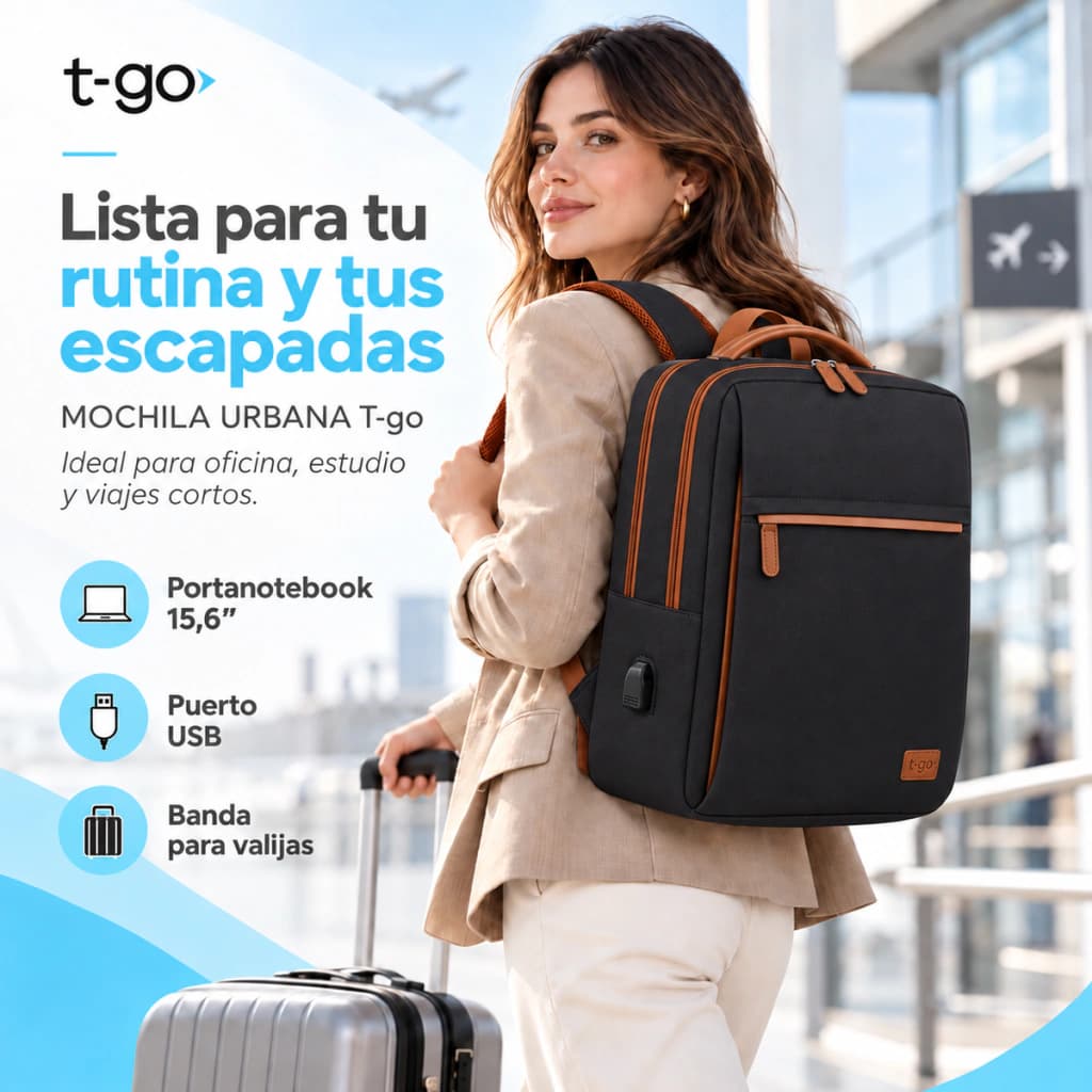 Mochila Ejecutiva T-Go EB104 Porta Notebook 15.6'' con Puerto USB Urban Aesthetic — Negro / Liso