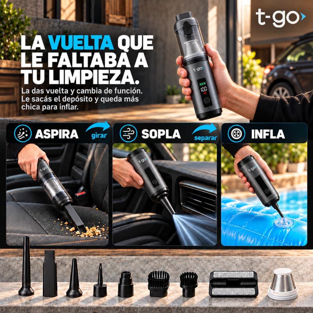 Aspiradora De Mano Inalámbrica T-GO Pantalla Digital + Cabezal Tapizados