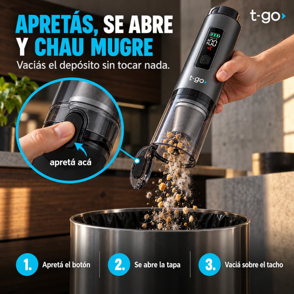 Aspiradora De Mano Inalámbrica T-GO Pantalla Digital + Cabezal Tapizados