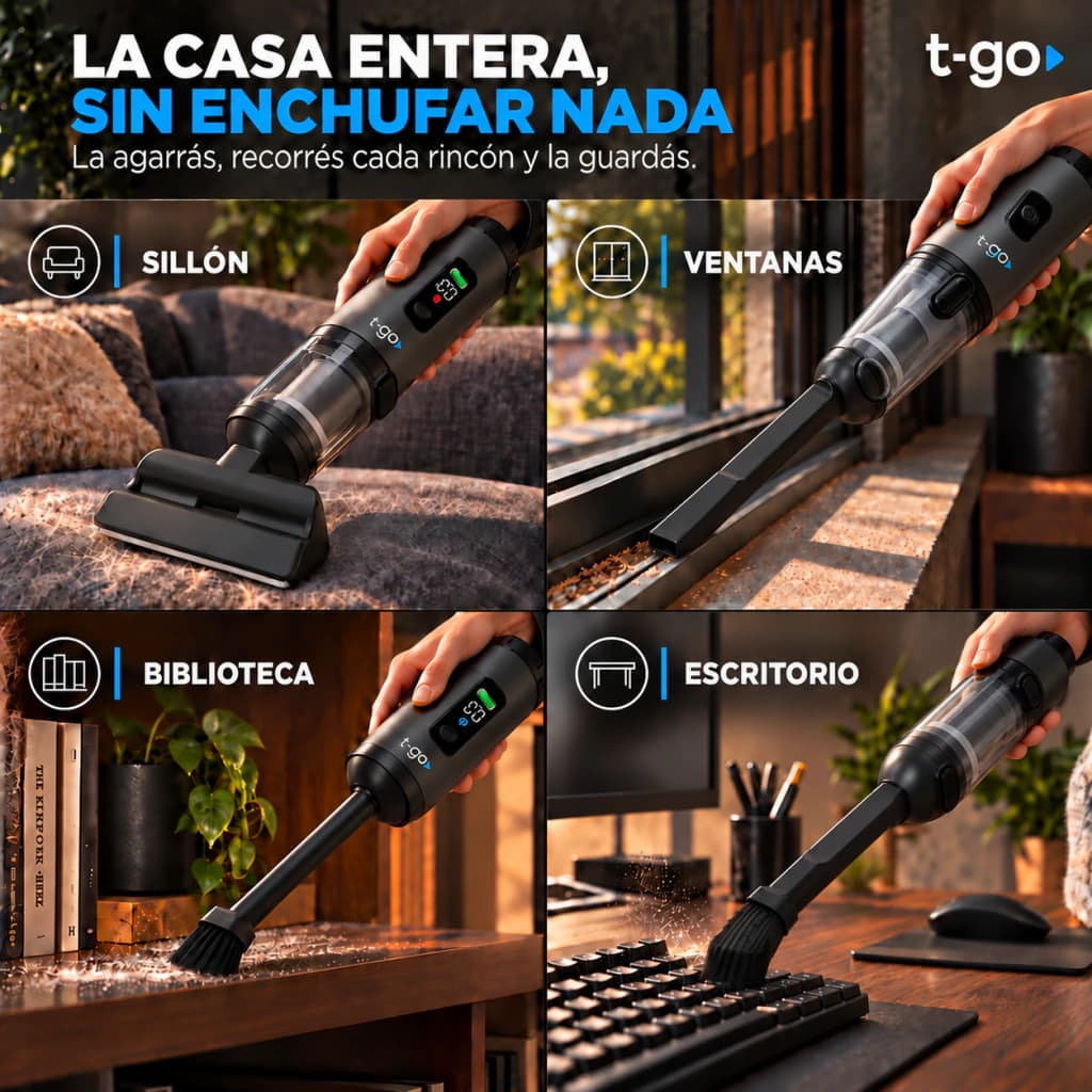 Aspiradora De Mano Inalámbrica T-GO Pantalla Digital + Cabezal Tapizados